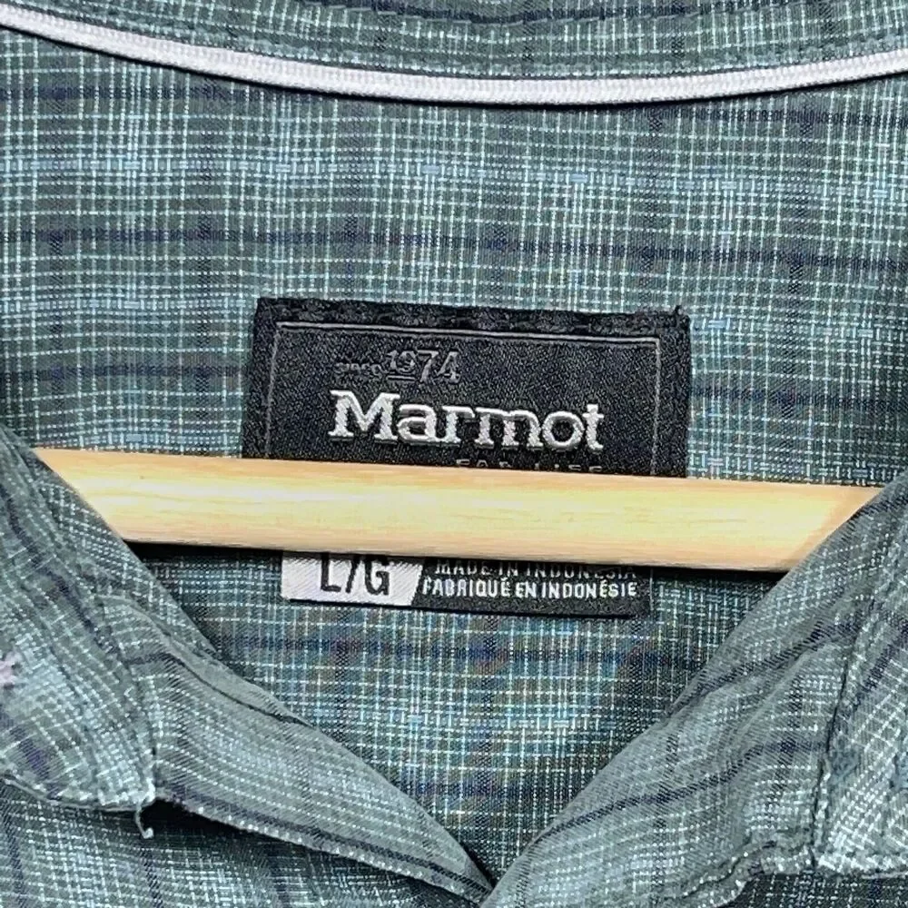 Marmot Plaid Shirt Men Large Regular Short Sleeve Blue Green Button Up Gorpcore